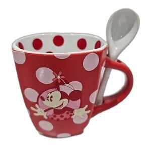 Disney Parks Minnie Mouse Coffee Mug Cup & Spoon Matte Red Polka Dot Ceramic New